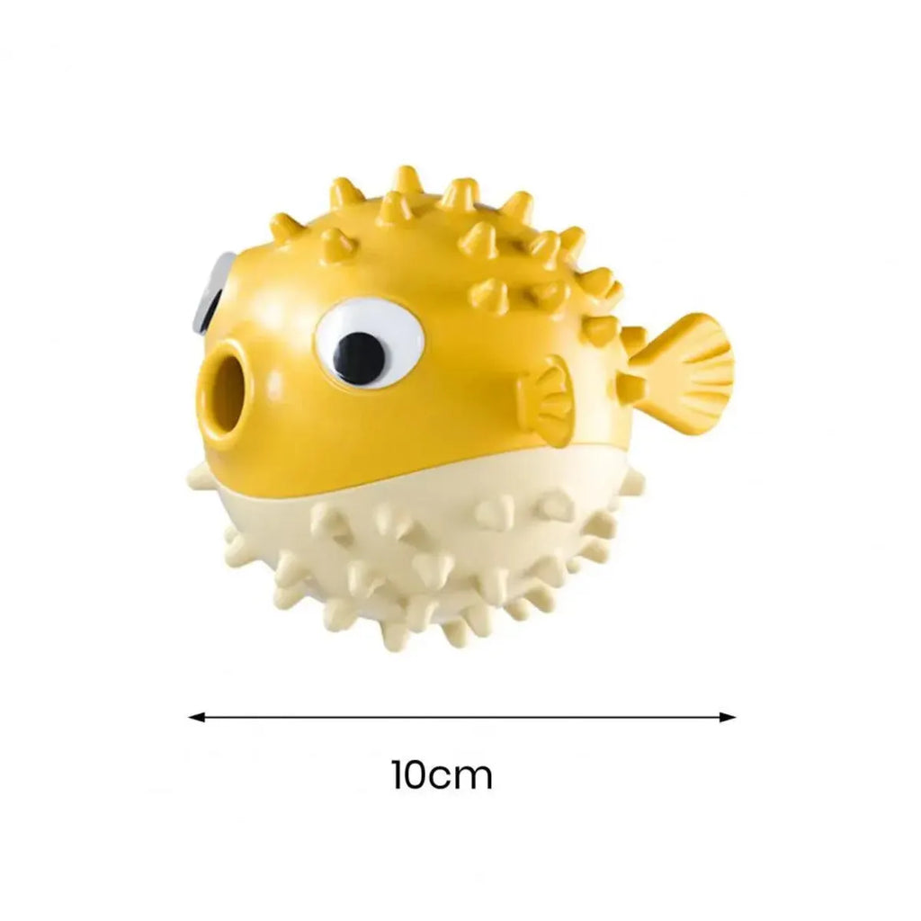 Yellow fish-shaped durable vinyl dog chew toy with textured surface for dental care.