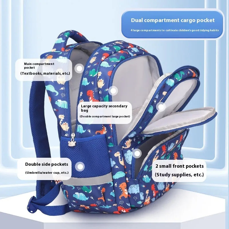 Waterproof Oxford cloth children's school backpack with dinosaur print design and curved shoulder straps