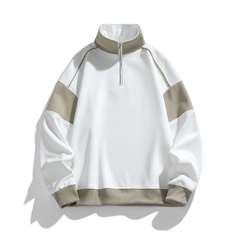 Men's beige corduroy hooded sweater with rabbit fur, drop shoulders, and loose lapels on a hanger.