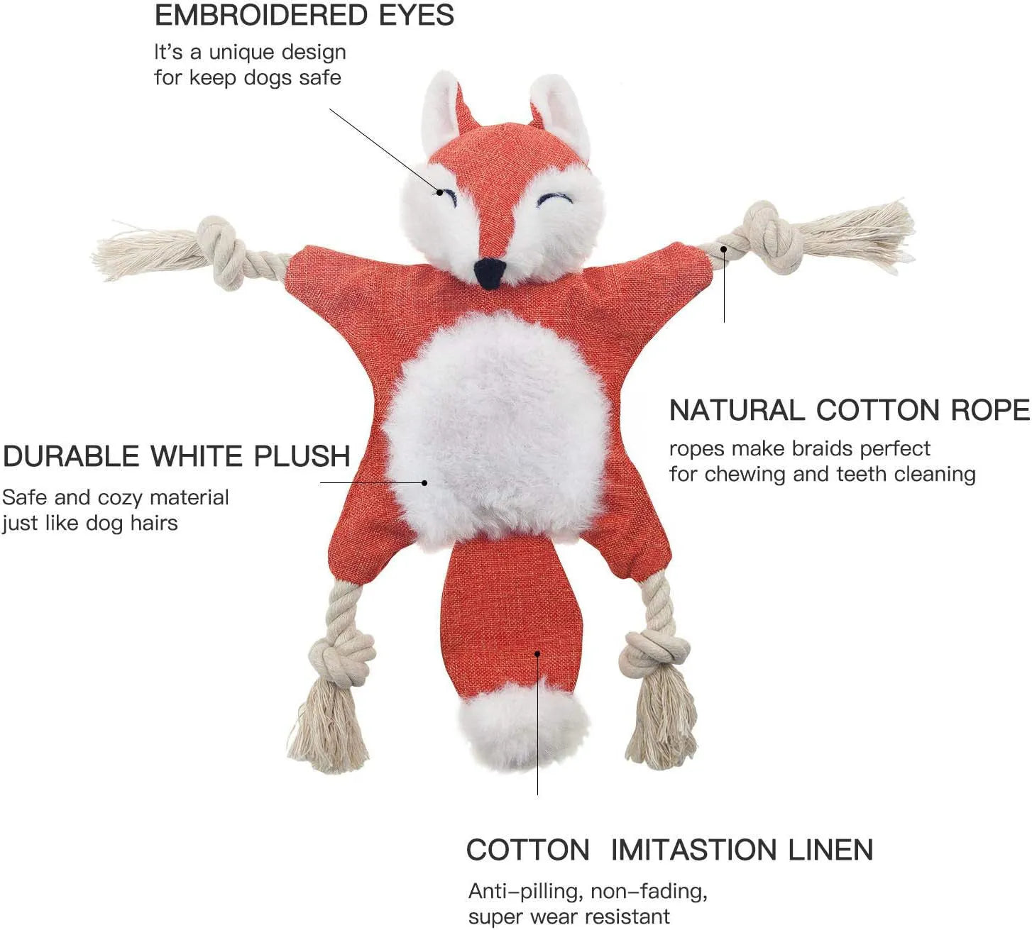 Brown fox-shaped plush dog toy with squeaker, crinkle paper, and cotton ropes in limbs.