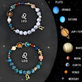 Set of two natural stone beaded bracelets with zodiac sign charms on elastic cords.