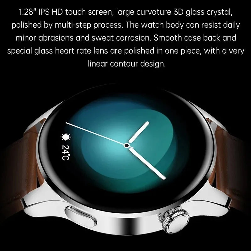 Smart watch with round colour touch screen on a silicone strap, showing heart rate and call interface.