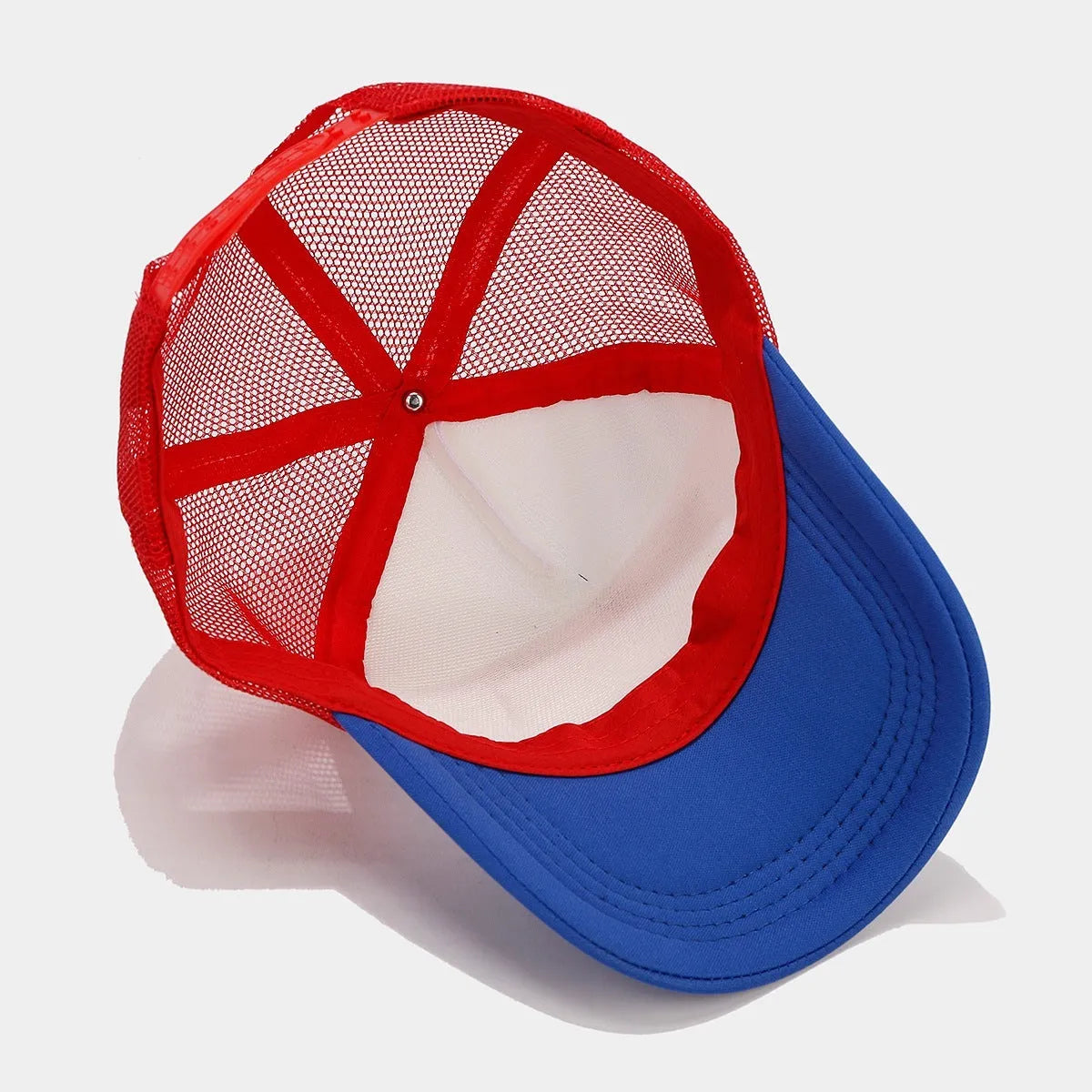 Red and blue contrast baseball cap with breathable space cotton fabric dome crown