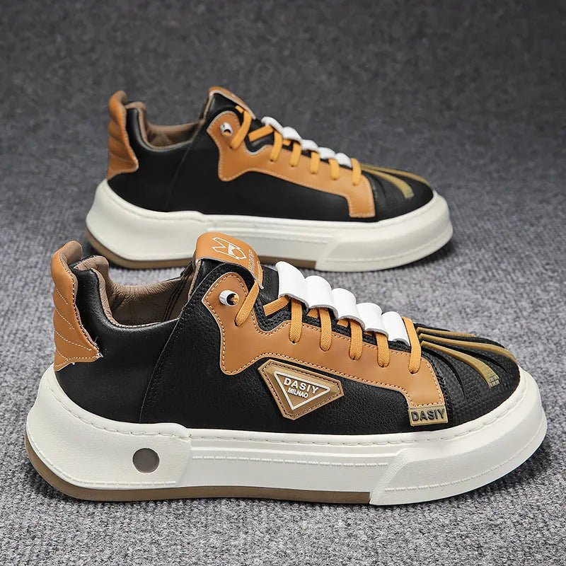 Men's beige low-top sneakers with elastic band fastening and leather stitching details