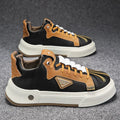 Men's beige low-top sneakers with elastic band fastening and leather stitching details