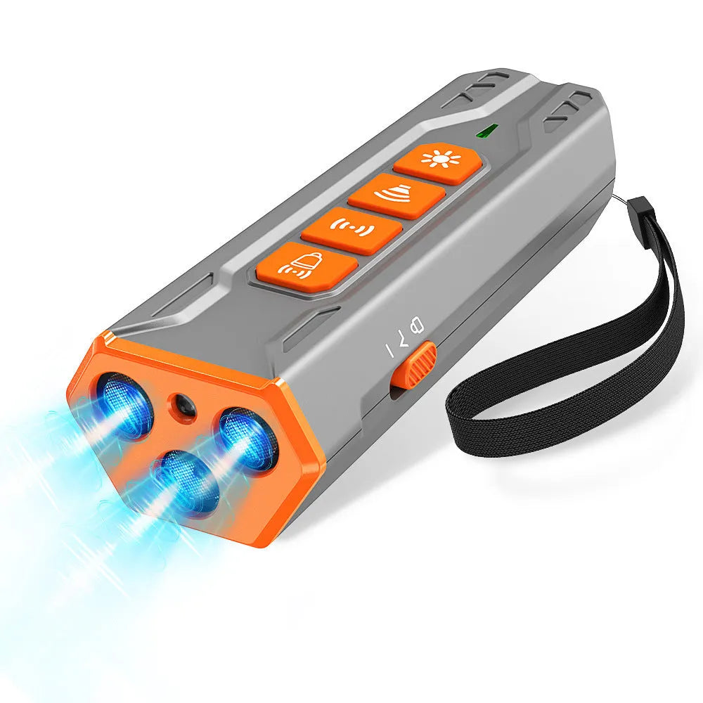 Three head ultrasonic dog trainer with security LED light in grey and orange colour scheme