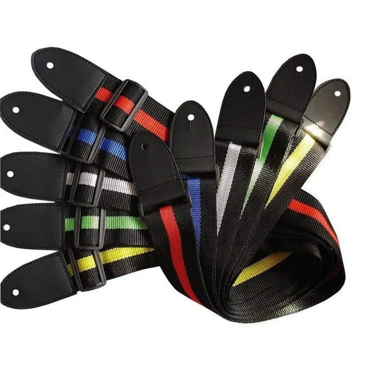 Woven crossbody musical instrument strap in multiple colours with clip-on hooks for guitar, bass, and ukulele.
