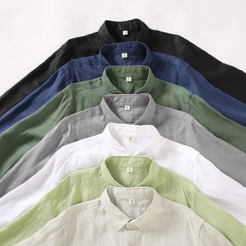 Long sleeve linen cardigan shirt in a loose Chinese style fit, shown in a solid colour.