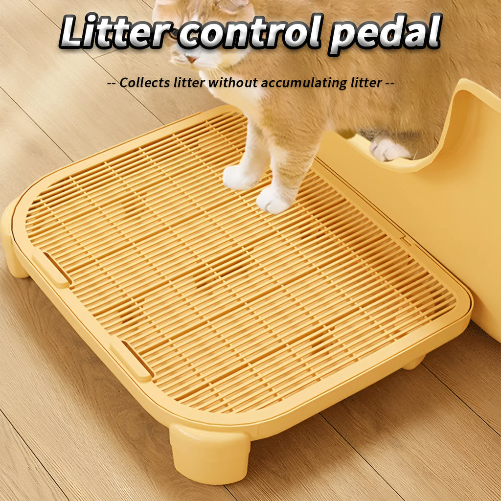 Milk yellow plastic cat litter mat with anti-slip feet next to a litter box