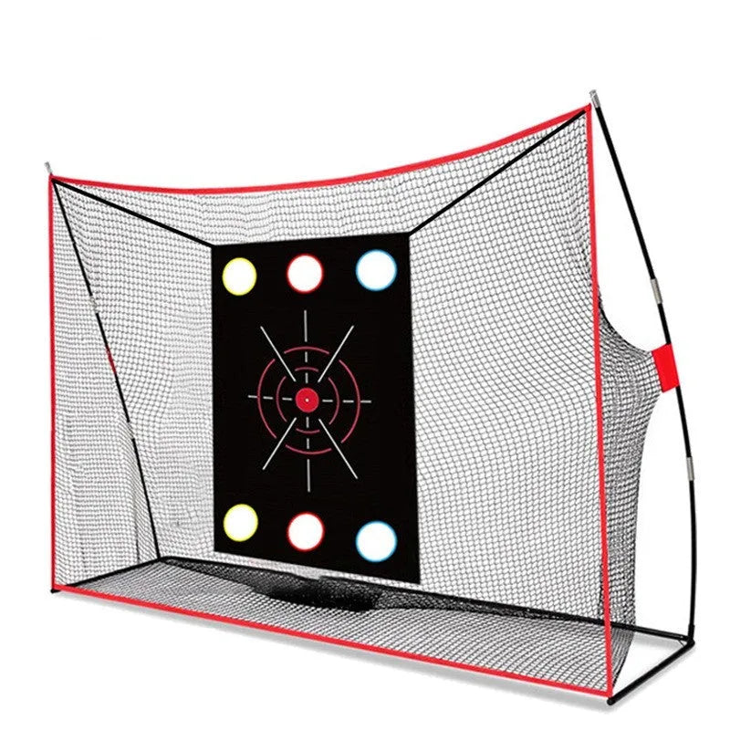Golf swing wedge training net set with red and white practice balls on a turf mat.