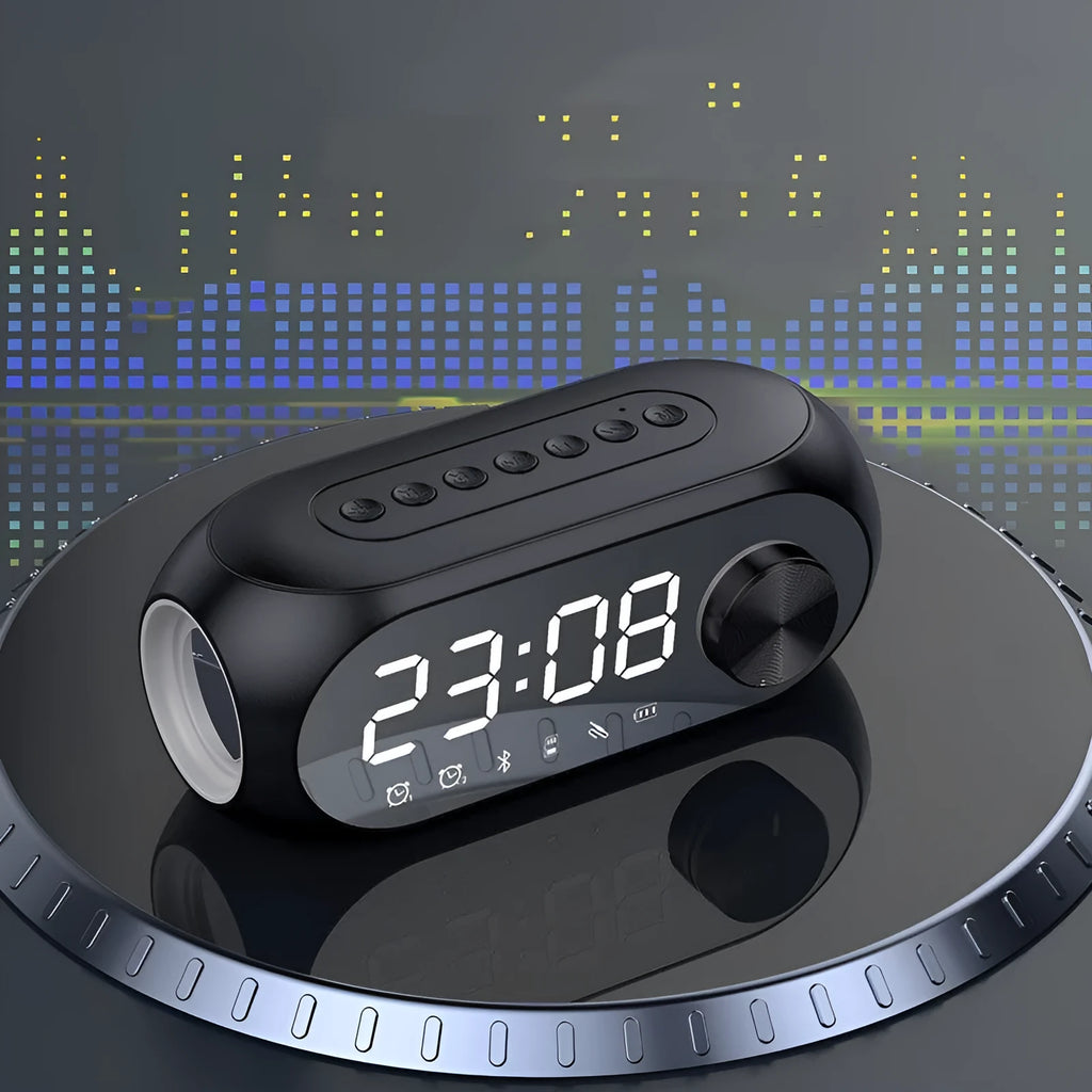 Extra bass portable mini clock speaker in S8 Black, S8 White, and S8 Blue colour options with USB charging cable