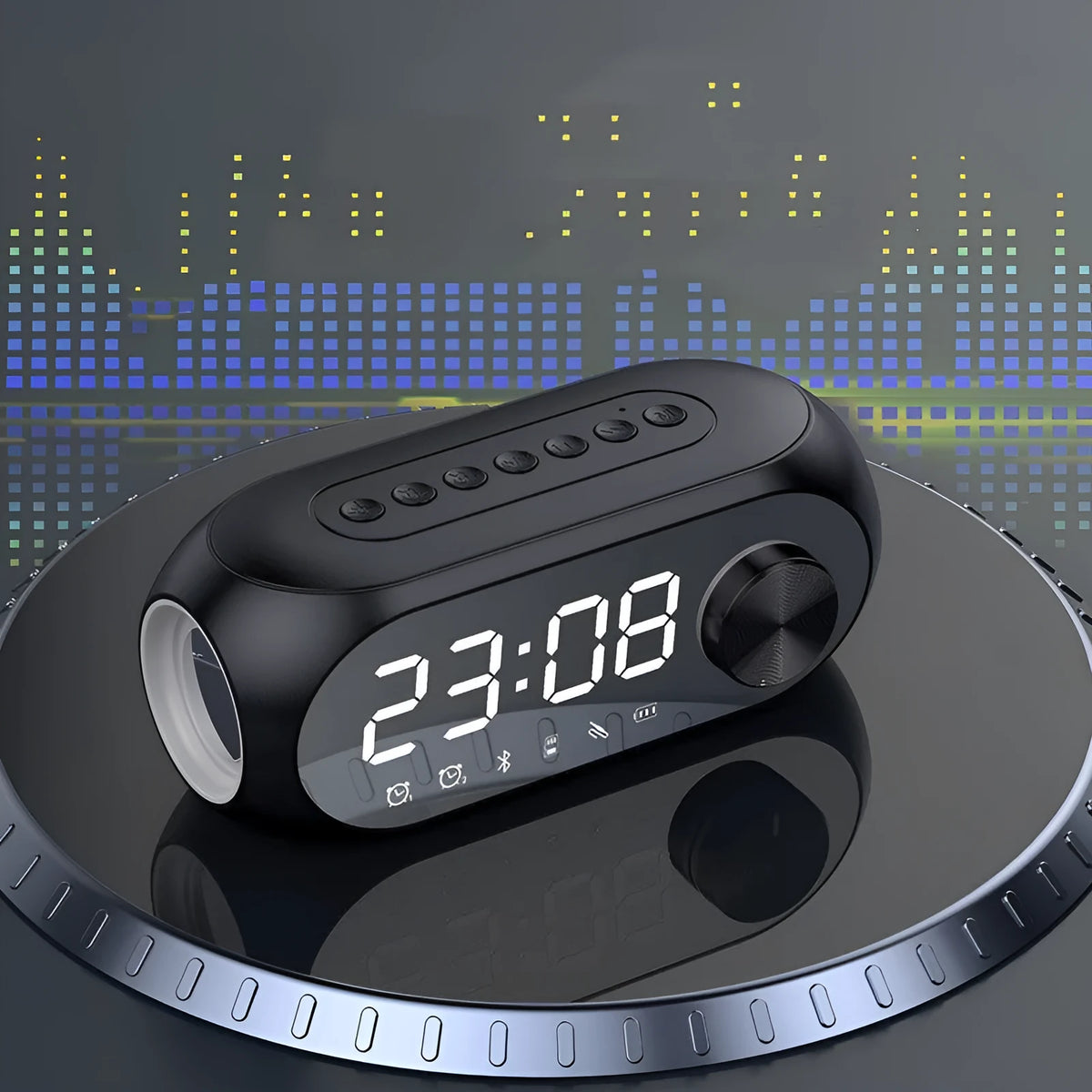 Extra bass portable mini clock speaker in S8 Black, S8 White, and S8 Blue colour options with USB charging cable