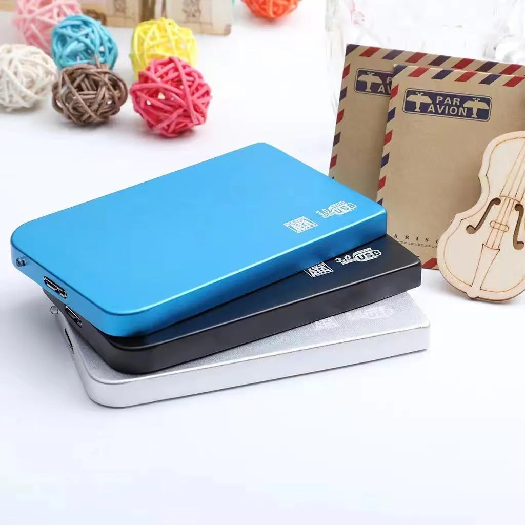 USB 3.0 solid state external hard drive with metal casing in black, blue, red, or silver.