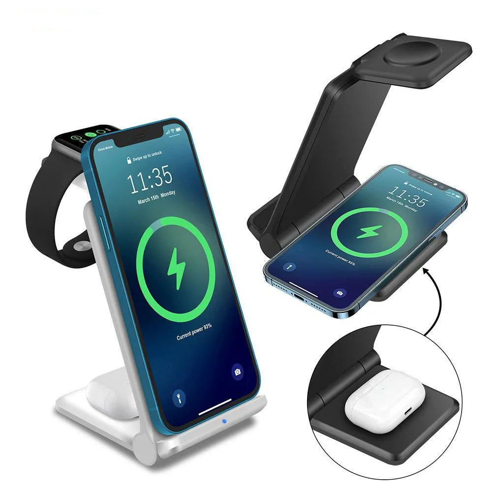 White foldable 3-in-1 wireless charging station for iPhone, Samsung phone, AirPods and Apple Watch.