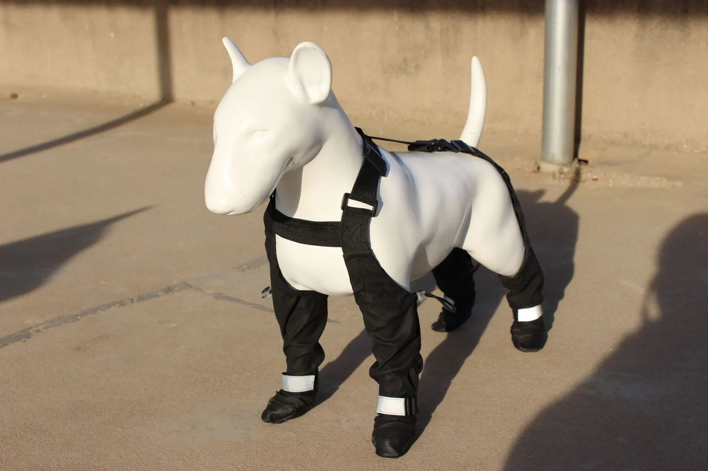 Black waterproof non-slip dog shoes in polyester material showing paw protection design