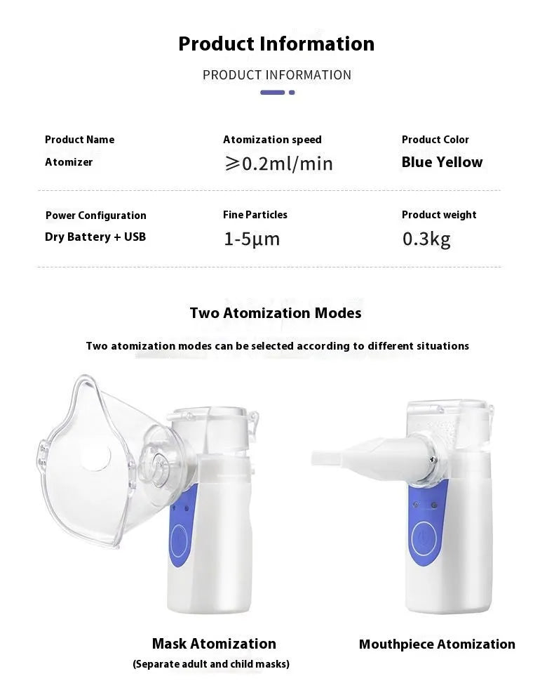 White columnar plastic USB handheld nebuliser spray machine with water tank on a table.