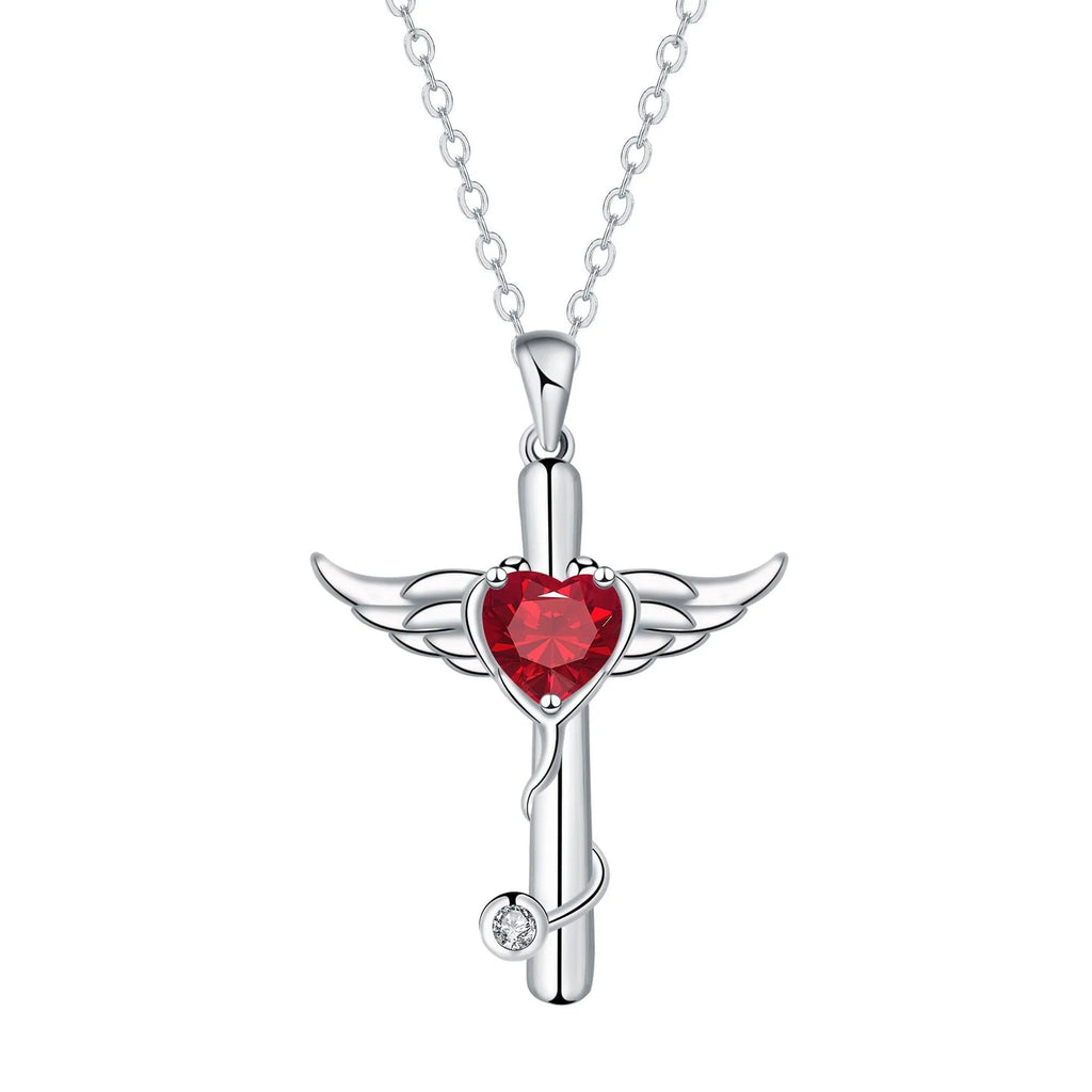 Copper cross stethoscope necklace with wings pendant in white or red diamond electroplated finish