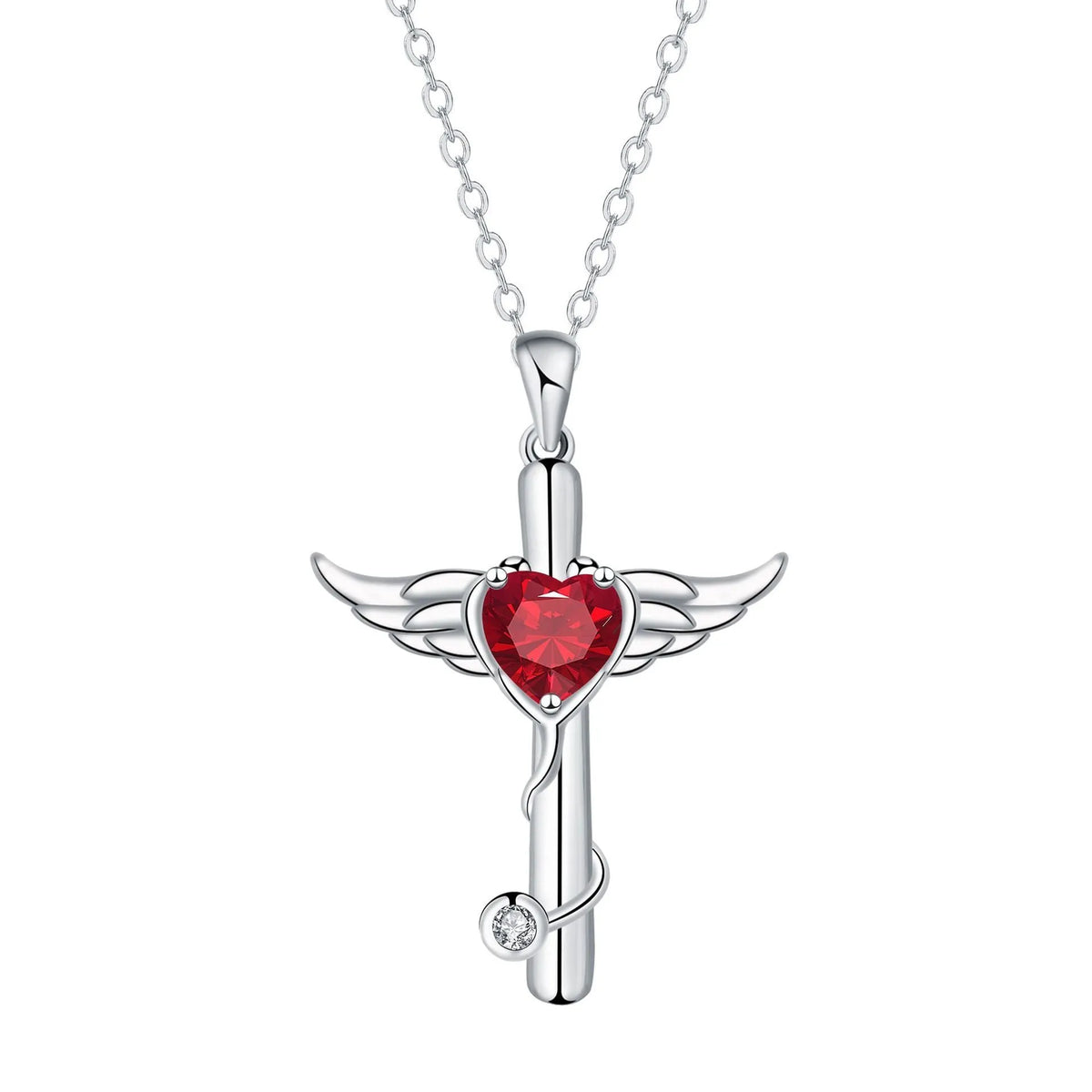 Copper cross stethoscope necklace with wings pendant in white or red diamond electroplated finish