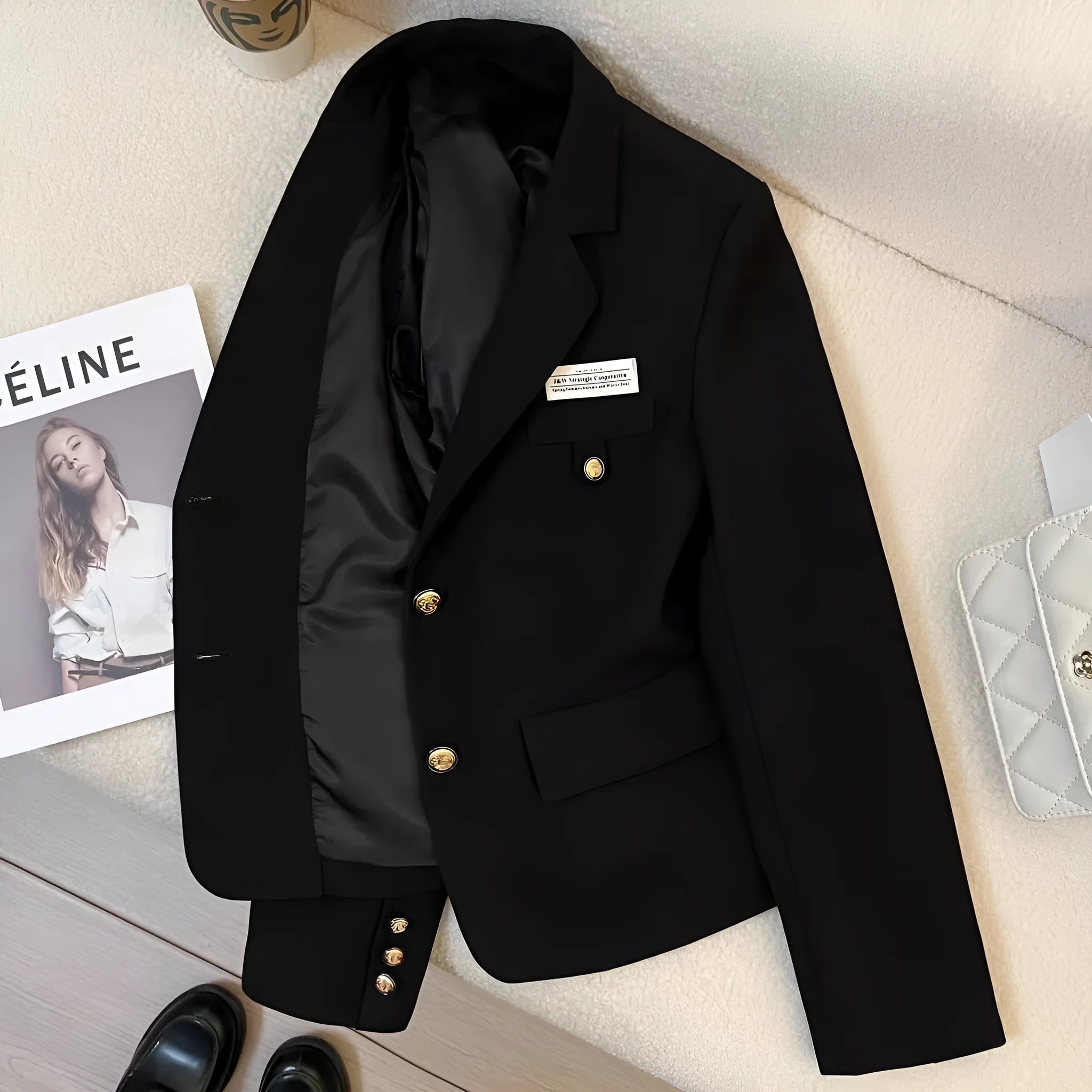 Black women's short suit coat with regular sleeves and pocket details