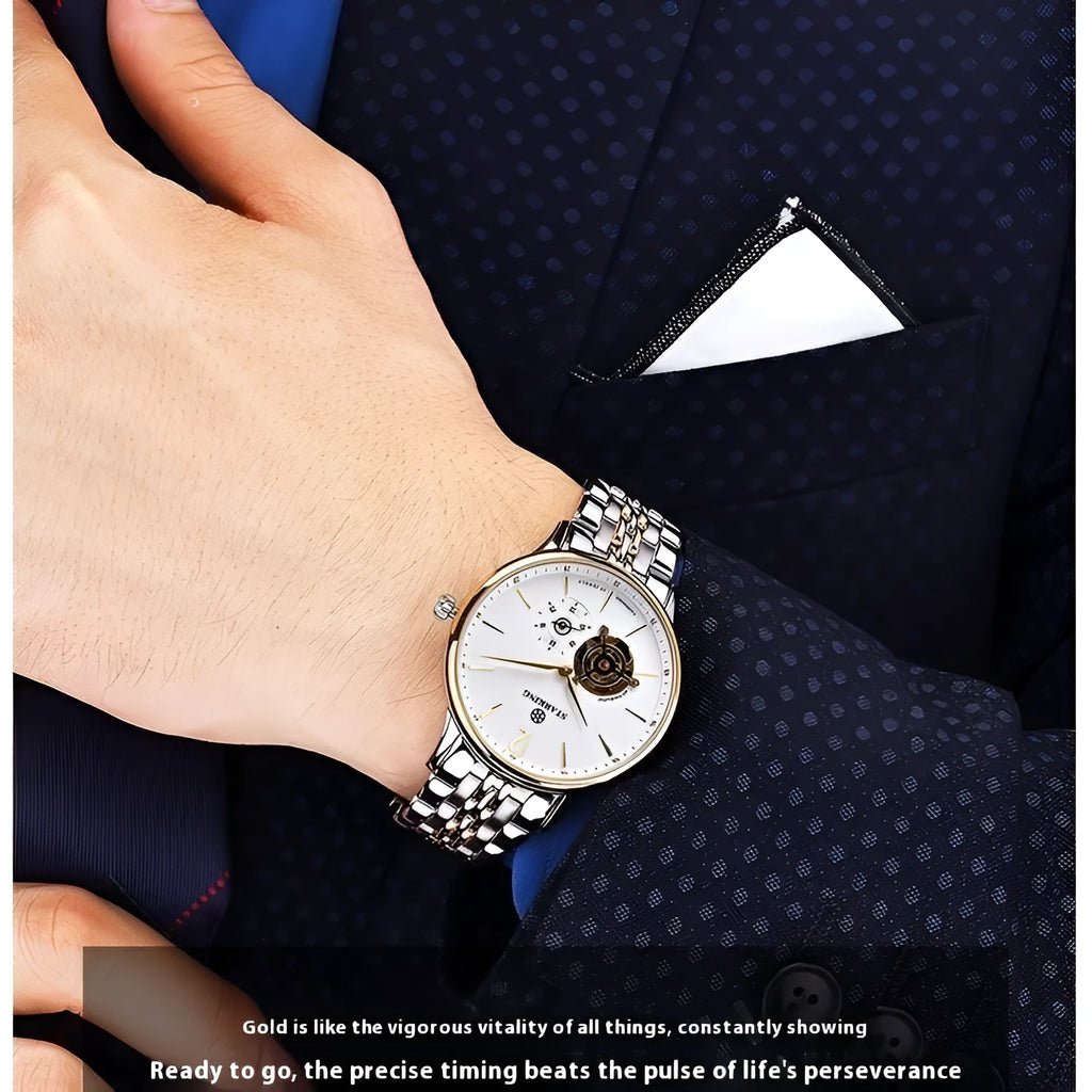 Automatic mechanical business watch with brown leather strap and stainless steel case