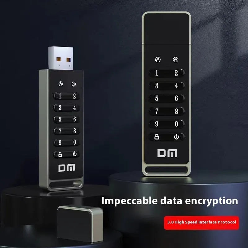 Fingerprint encrypted USB 3.0 flash drive with metal casing showing biometric sensor and 64GB capacity