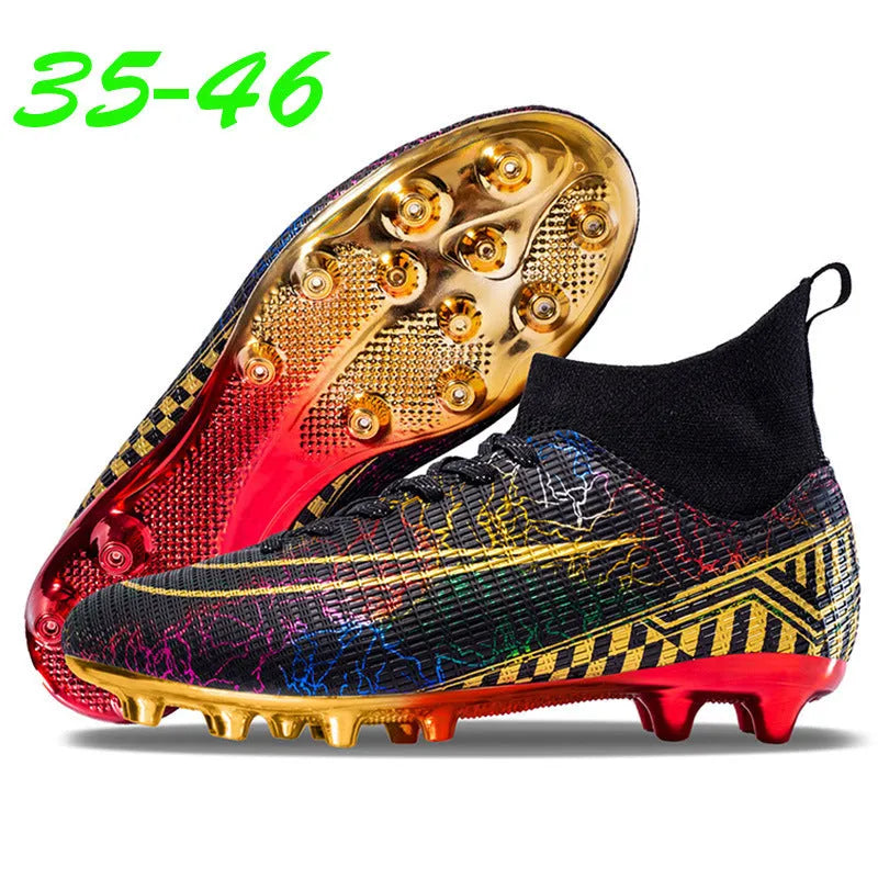 High-top football training shoes with gold-plated sole and synthetic leather upper in mandarin duck colour