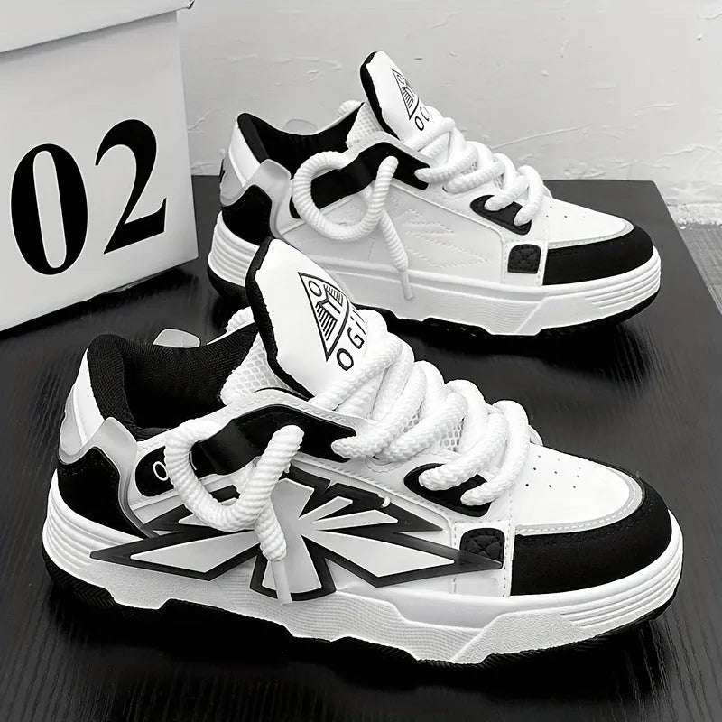 Men's white chunky sneakers with cartoon pattern, thick rubber sole, and synthetic leather upper