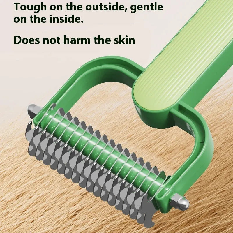 Green and grey pet hair unknotting comb for dogs in large and small sizes.