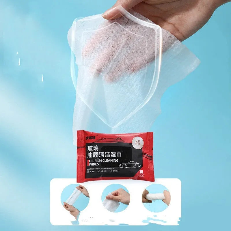 Portable glass oil film removing wipes, 10-pack cleaning wipes with decontamination ingredients and deionized water