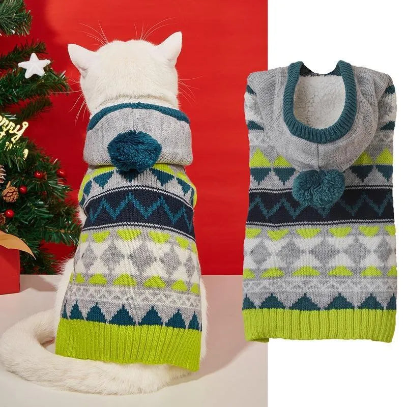Green diamond pattern knitted pet sweater on small dog showing classic design and proper fit