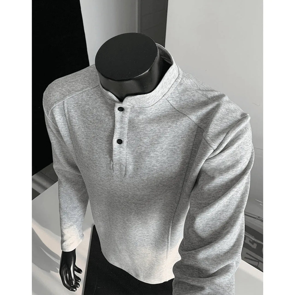 Men's cotton patchwork polo shirt with stand-up collar and asymmetric design in three colour options