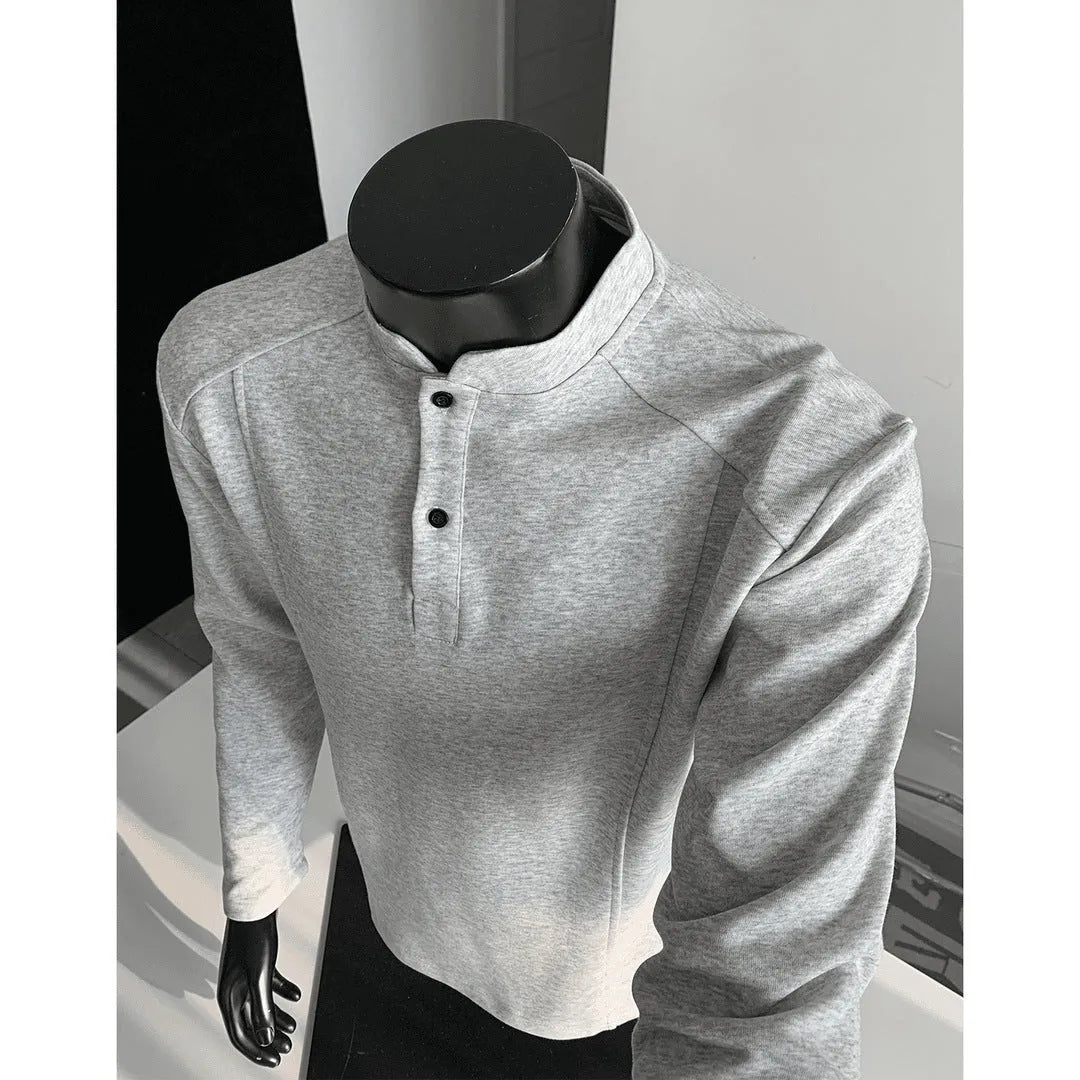 Men's cotton patchwork polo shirt with stand-up collar and asymmetric design in three colour options