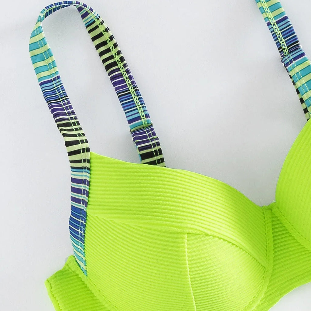 Green printed halter bikini set with split briefs for women