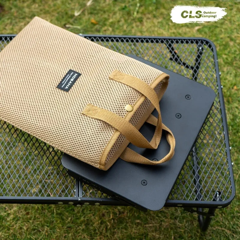 CLS Outdoor aluminium dual-use folding camping stool shown in table and stool mode with beige cushion.