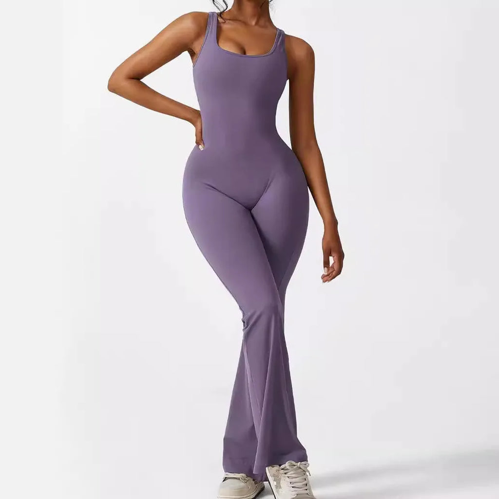 Women's sleeveless flare jumpsuit for yoga and fitness in thin polyester fabric