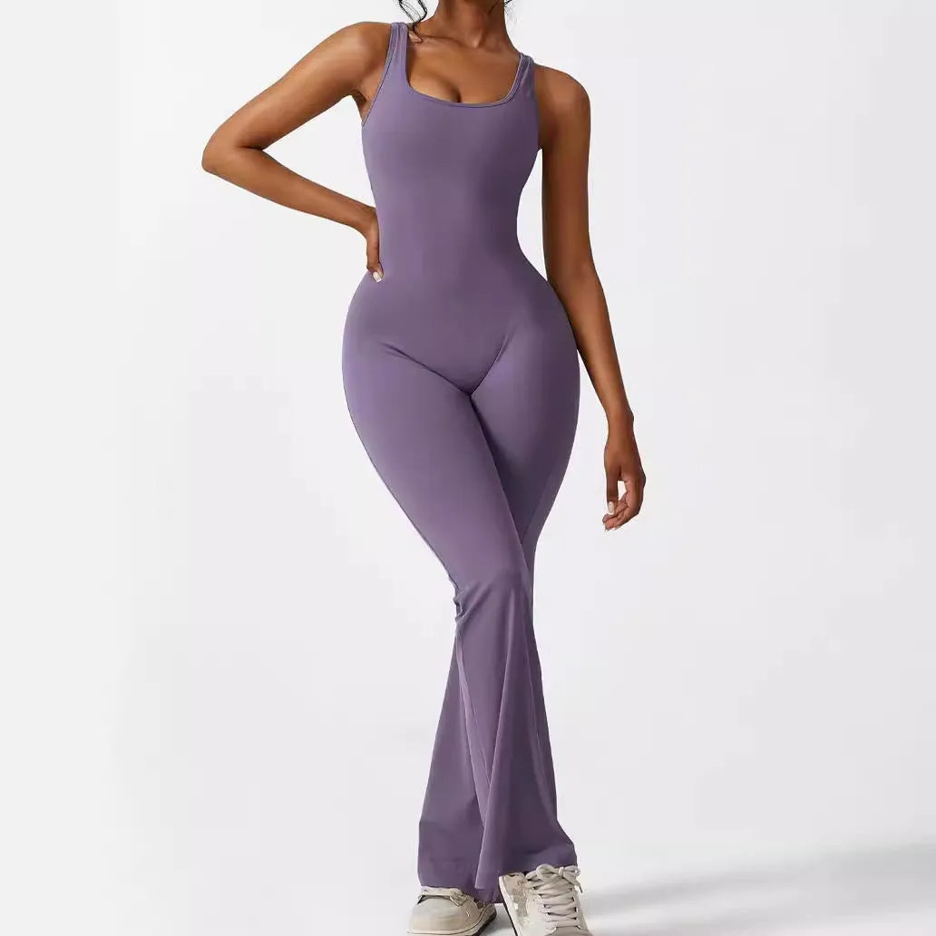 Women's sleeveless flare jumpsuit for yoga and fitness in thin polyester fabric