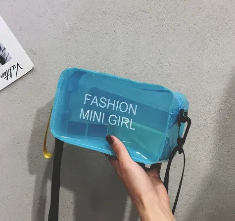 Transparent square jelly shoulder bag in hard PC material with adjustable strap and fresh sweet design