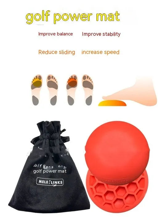 Orange golf training mat with centre of gravity pattern on natural rubber surface
