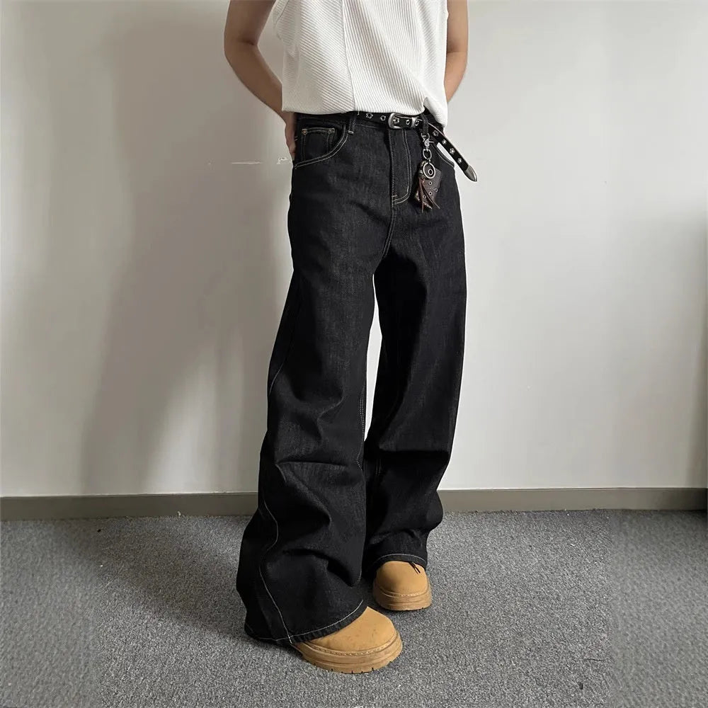 Black retro straight-leg jeans with loose wide-leg fit and mid-waist design