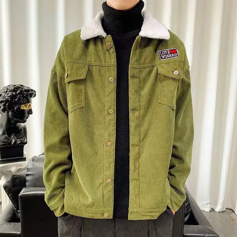 Men's loose fit corduroy workwear jacket in khaki, green, or black with sleeve pockets.