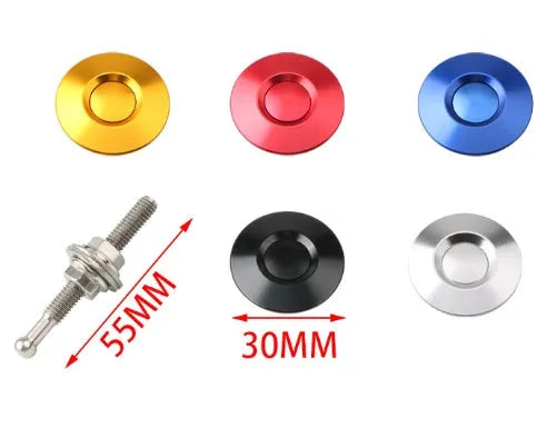 30mm diameter aluminium alloy engine cover lock with screw, shown in assorted colours.