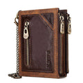 Dark brown genuine leather men's wallet with RFID protection and chain attachment