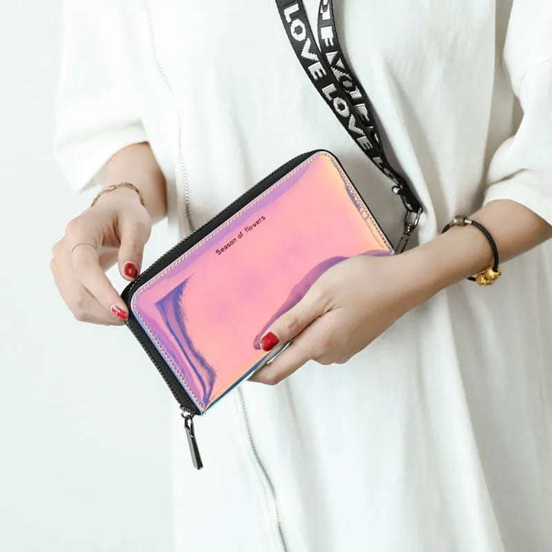 Short folding women's wallet in PU leather showing compact 11cm dimensions with glitter or solid colour options