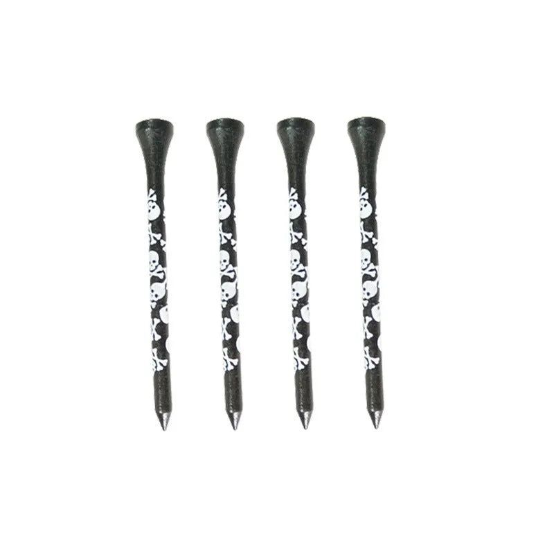 Ten bamboo golf spike dowel pins with black skull print, showing 70mm and 83mm length options.