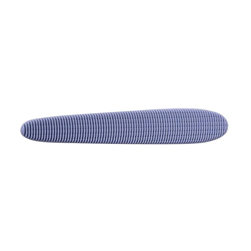 Grey ABS plastic cat comb with tongue massager design showing narrow and wide ends for pet grooming