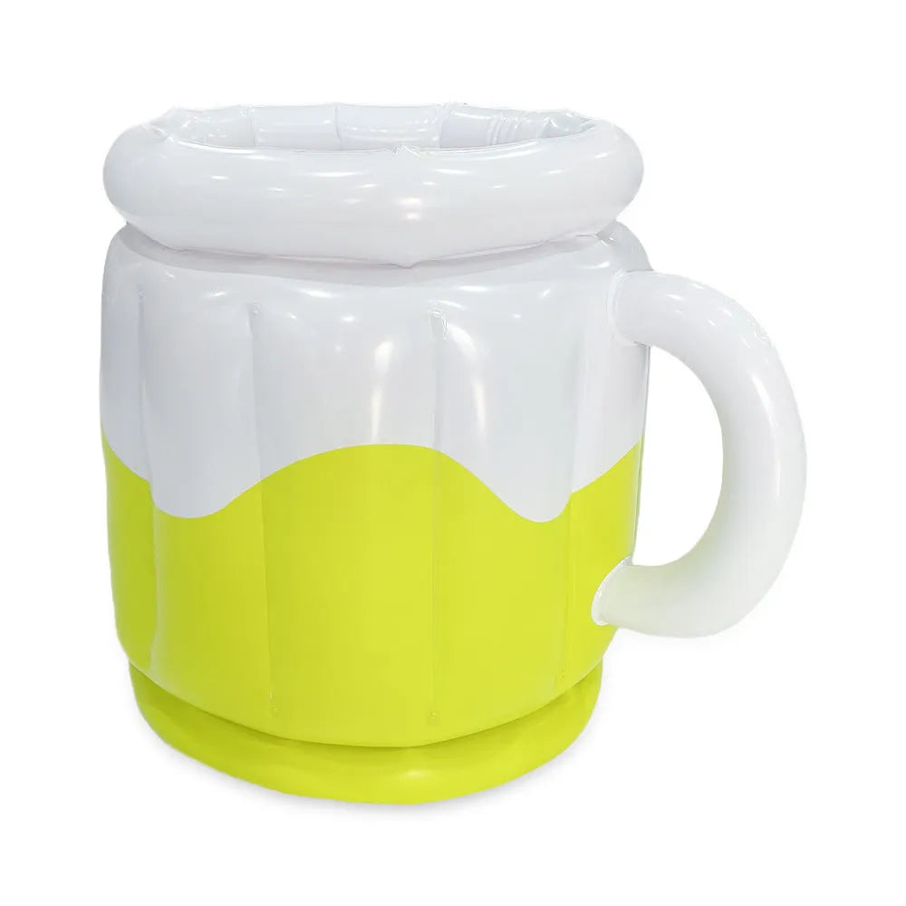 Yellow inflatable PVC ice bucket for portable drink chilling at parties.