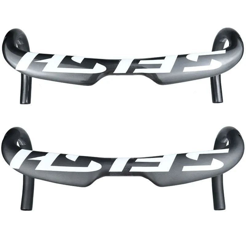 Carbon fibre road bicycle drop handlebar showing ergonomic shape, available in multiple widths.