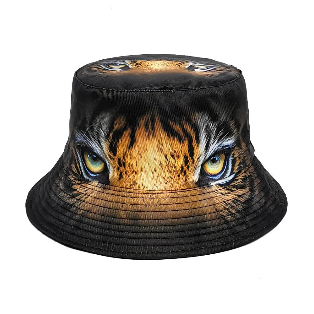 Tiger pattern bucket hat with dome crown in khaki and black colour options