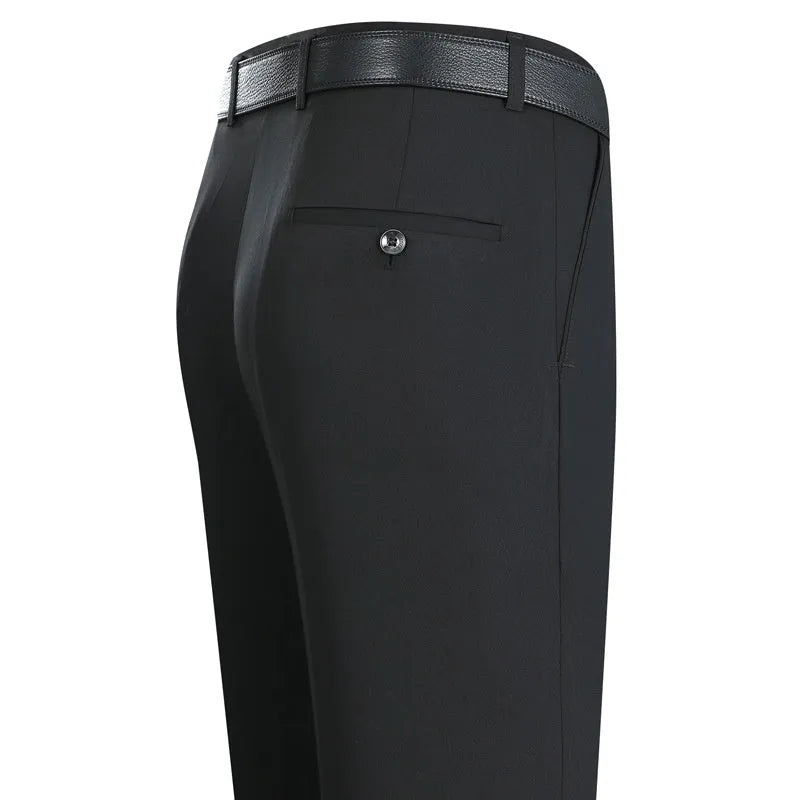 Men's straight-leg business trousers in mulberry silk blend with high waist and non-iron fabric