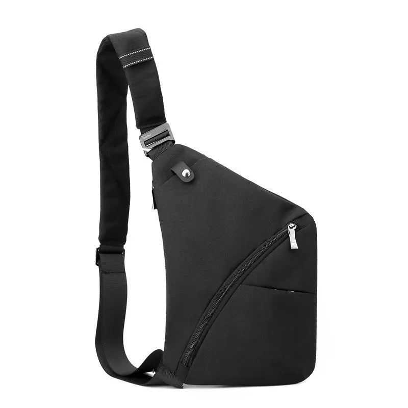 Black Oxford cloth men's chest bag with one shoulder strap and urban letter detail.